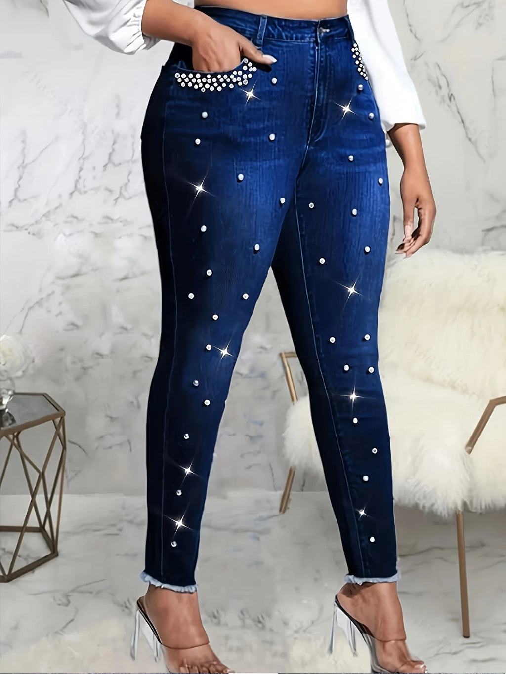 Women's fashionable casual wash blue pearl rhinestone inlaid with high waist stretchy slim buttocks tight nine-point jeans