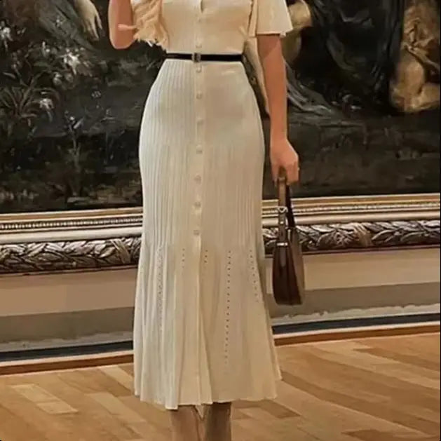 Knit Solid Women's Dress Short Sleeve O Neck  Dresses  Elegant Summer Single Breasted Hip