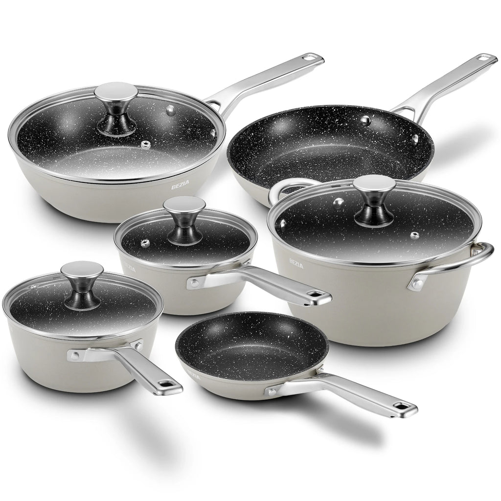 Cookware Nonstick, 10-Piece, BEZIA Pots and Pans Set for Cooktop, Compatible with All Stoves