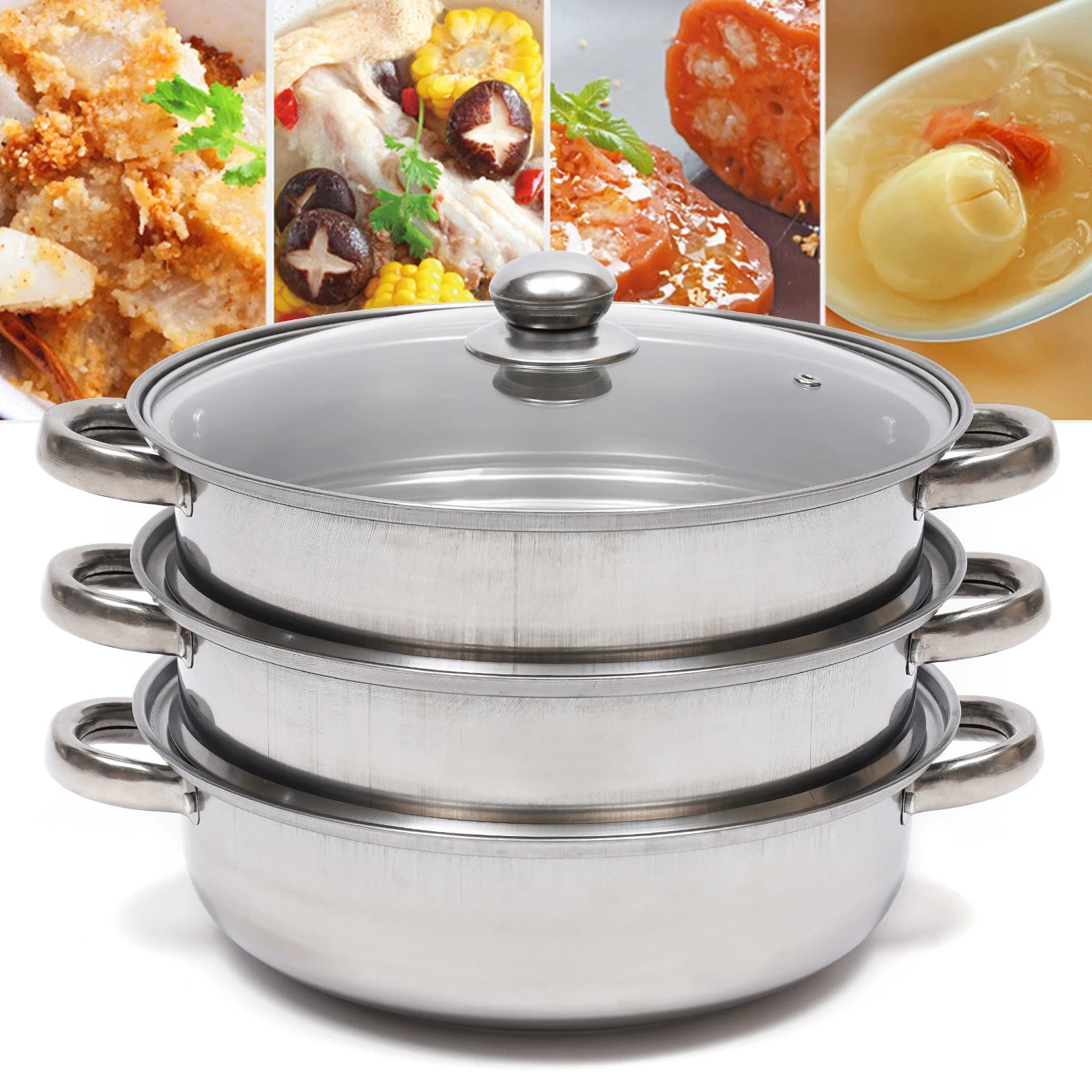 Multi-Function 3 Tier Cook Food Veg Pot Large Stainless Steel Steam Cooker Steamer Kitchen