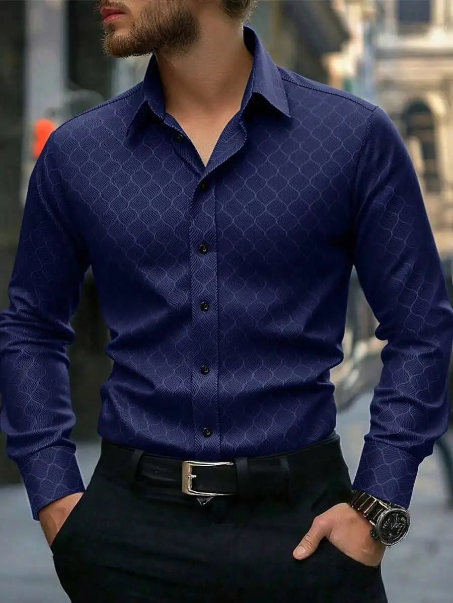 Men's Slim Fit Long Sleeve Button Down Dress Shirt with Geometric Pattern, Black, Fall