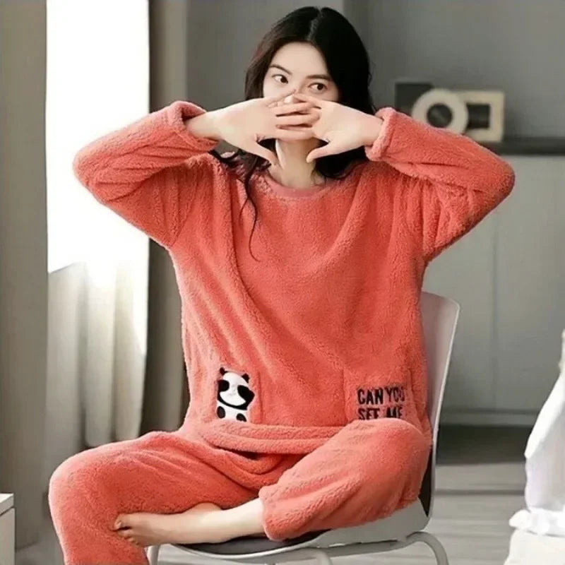Warm Sleepwear for Winter thickened  Long Sleeve Ladies Loungewear Set pajamas