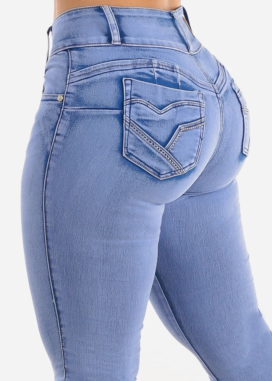 Fashion wash light blue high waist front button women's stretch slim  casual jeans