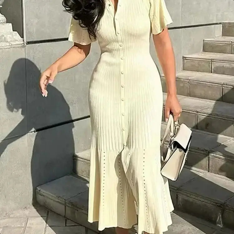 Knit Solid Women's Dress Short Sleeve O Neck  Dresses  Elegant Summer Single Breasted Hip