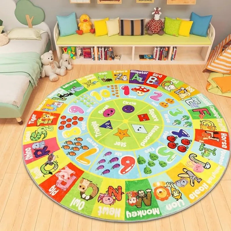 ABC Fruit PlayMat Round Alphabet Rug for Kid Playroom Preschool Classroom Floor Mat with ABC Numbers Animals Educational Design
