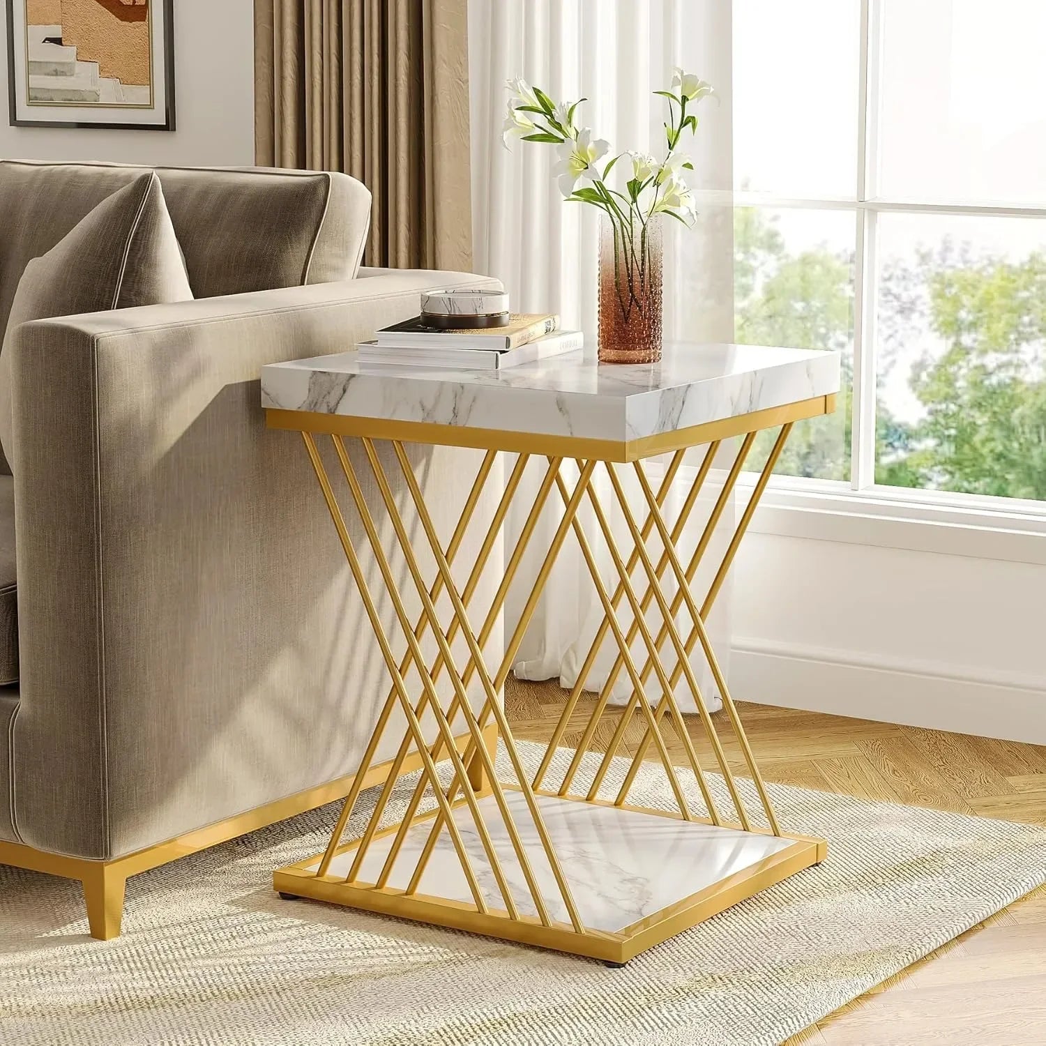 Square End Table White Gold 2-Tier Side Table Modern Small Bedside Table with Storage for Couch
