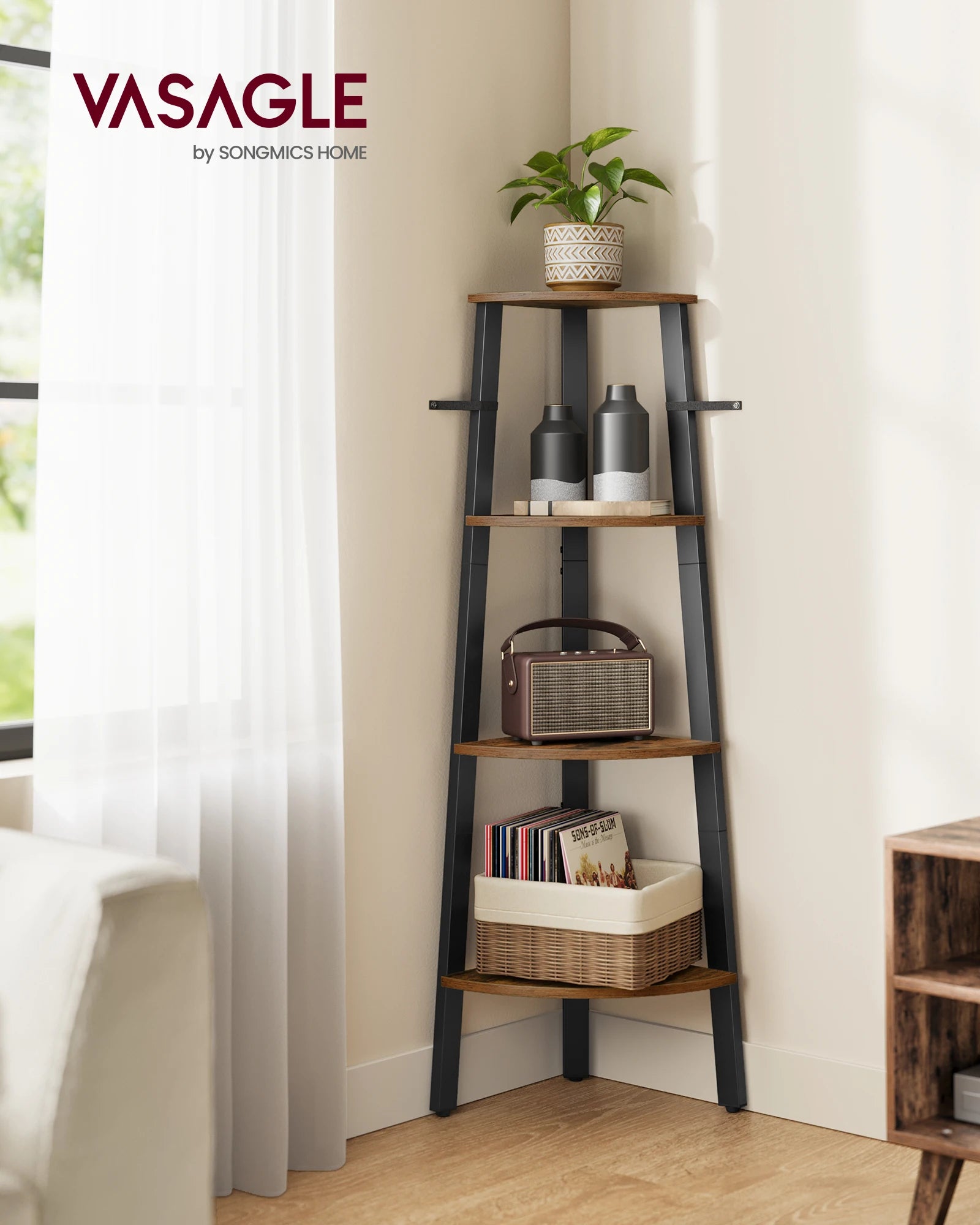 Corner Shelf Stand, 4-Tier Corner Bookshelf, Industrial Corner Ladder Shelf, Plant Stand Display