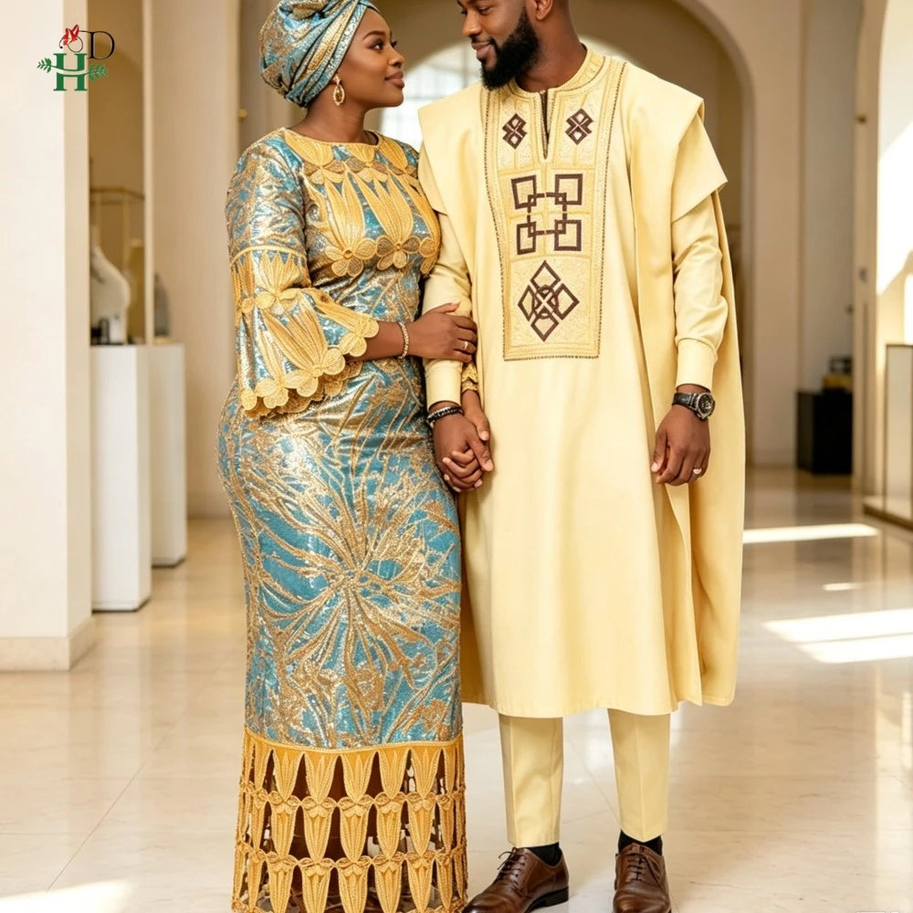 African Couples Traditional  Embroidery Dresses  African Clothing For Man Agbada Sets Wedding Party women Suits