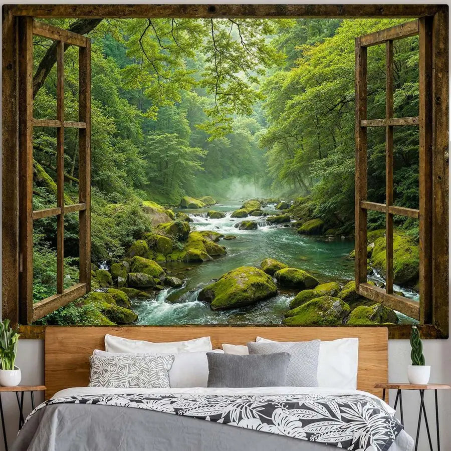 Window Forest Tapestry Green Nature Jungle Wall Tapestry for Bedroom Aesthetic Rainforest Stream Outdoor Landscape