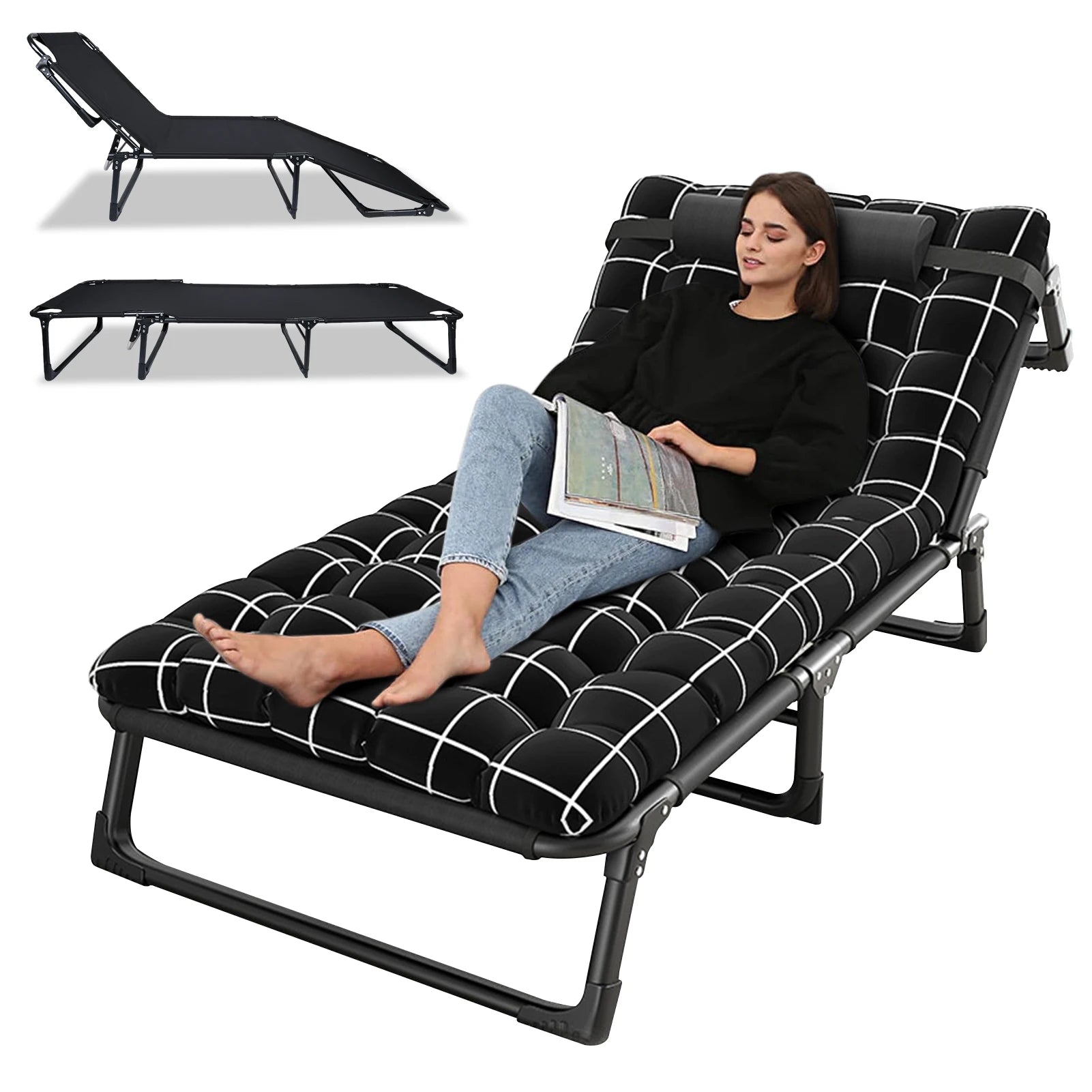 Camping Cot, Adjustable 4-Position Adults Reclining Folding Chaise with Pillow, Outdoor Lounge Chair