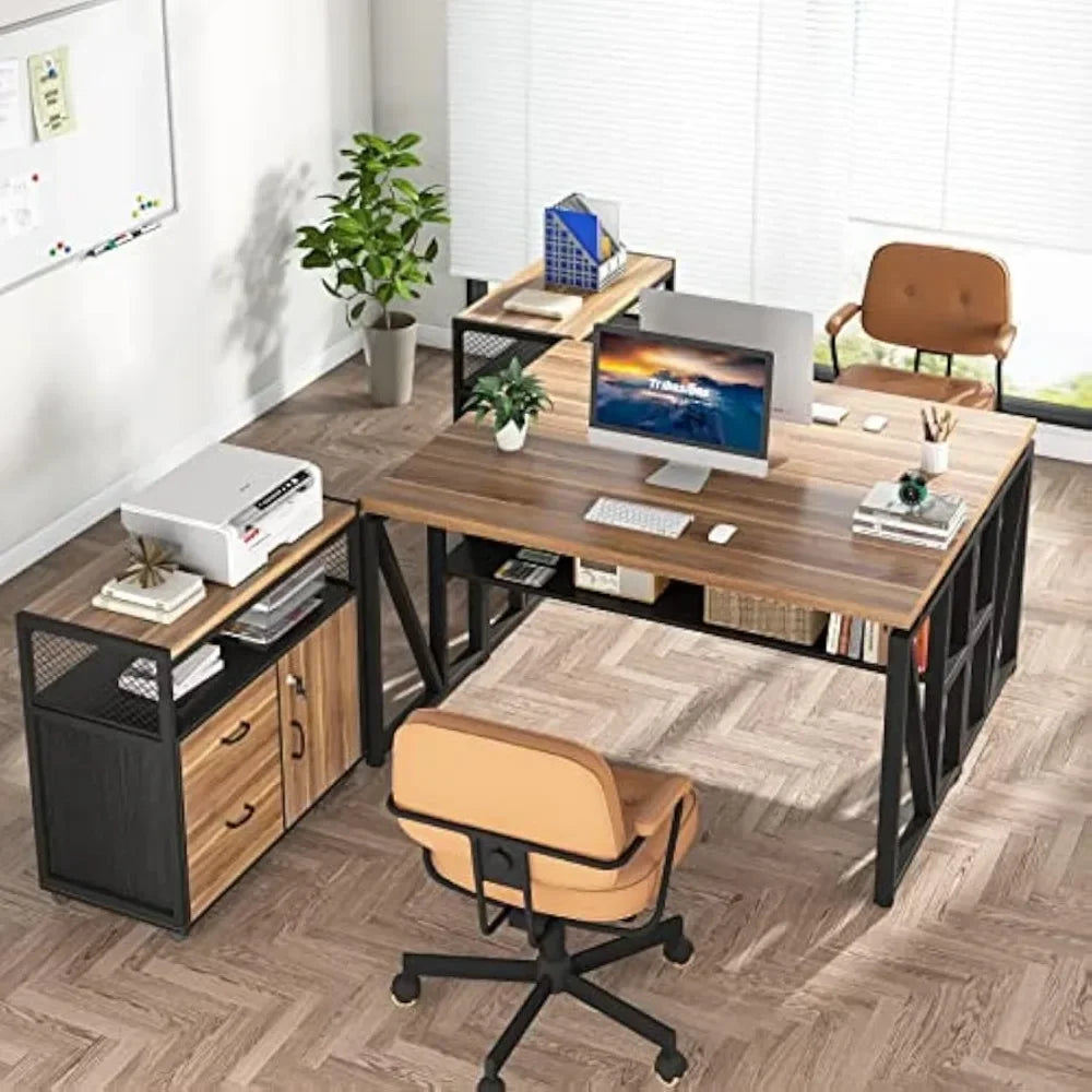 Desk with Drawer, 55" Long Computer Desk with Storage Rack Cabinet, Home Office Furniture Set Executive Desk