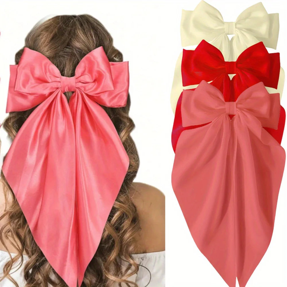 Elegant Ribbon Bow Hair Clip for Women Simple Solid Color Satin Ponytail Bowknot Hairpins Barrettes Hair Accessories