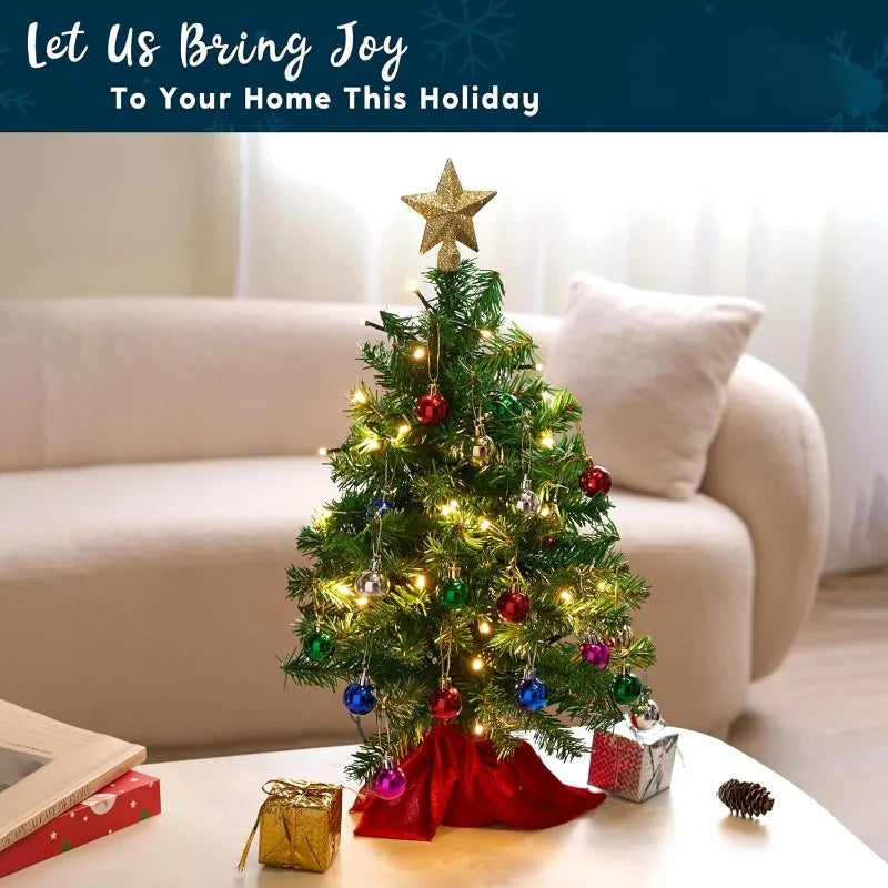 24''/2 FT Mini Christmas Tree Tabletop Set with Clear LED Lights Artificial Mini Christmas Tree with Star Treetop and Hanging Ornaments,  (Storage Bag Included)