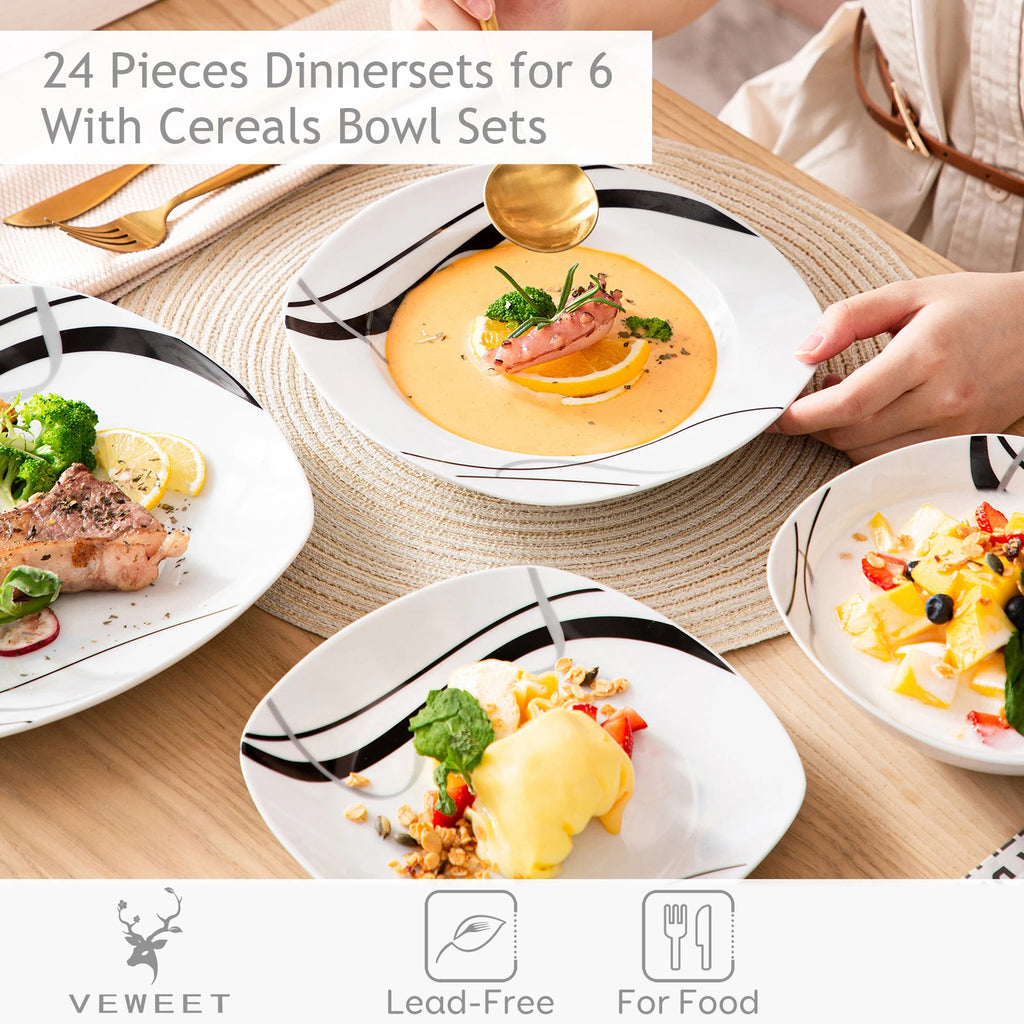 VEWEET FIONA 18-Piece Porcelain Ceramic Black Line Kitchen Tableware Dishes Plate Set
