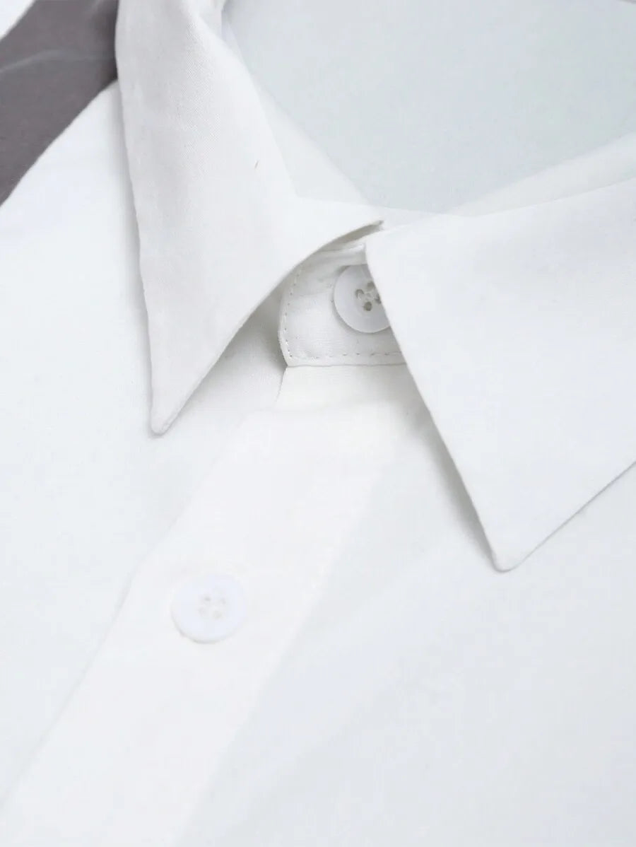 Men's Casual Color Block Button-Down Long Sleeve Shirt with Script Print,