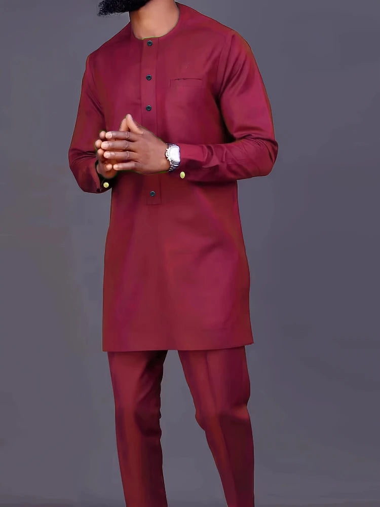 Men's Casual Long-Sleeved Two-Piece Set: Mid-Length Top and Trousers