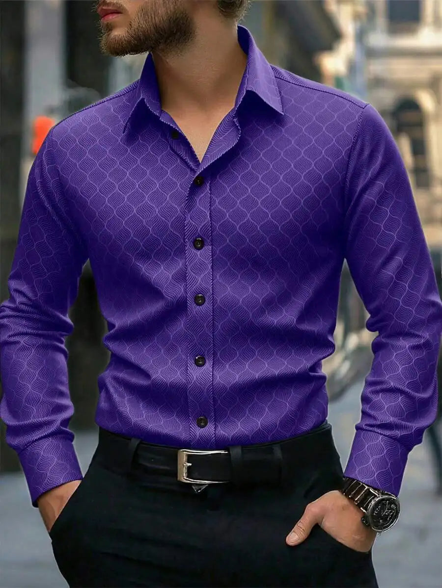 Men's Slim Fit Long Sleeve Button Down Dress Shirt with Geometric Pattern, Black, Fall