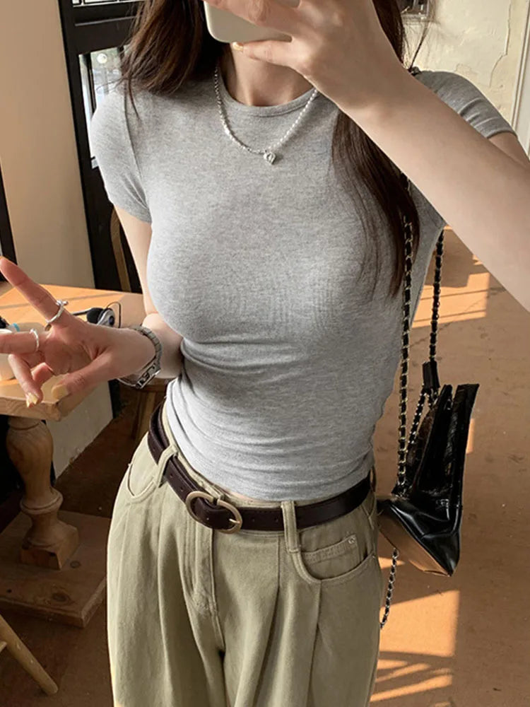 Women's Basic Solid Crop Top Short Sleeve Crewneck Skinny T-shirt Summer Casual Y2K  Streetwear