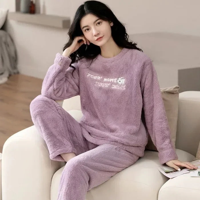 Warm Sleepwear for Winter thickened  Long Sleeve Ladies Loungewear Set pajamas