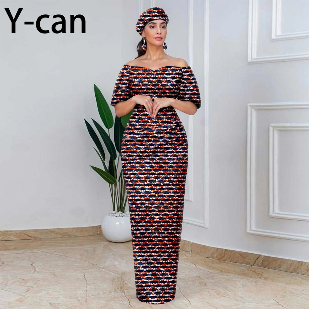 African Party Dresses for Women Off Shoulder Folds Women Maxi Dress with Headscarf and Earrings Traditional Wedding