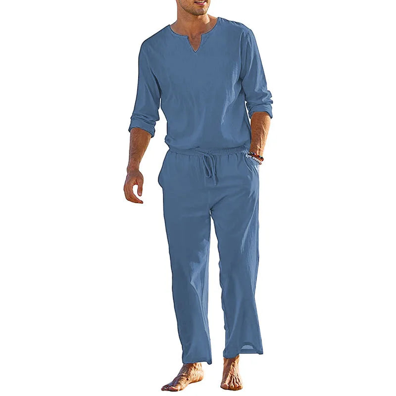 Men s Summer Cotton Linen   Long Sleeve Henley Shirt Elastic Waist Drawstring Pants 2 Pieces Loungewear Set