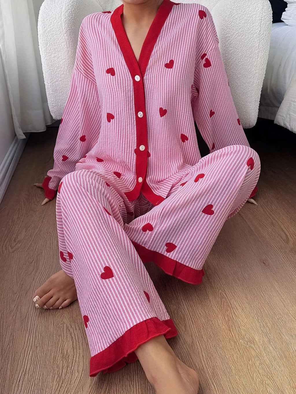Women's Pink Striped Heart Print Pajama Set with Red Trim, Cozy Lounge Wear