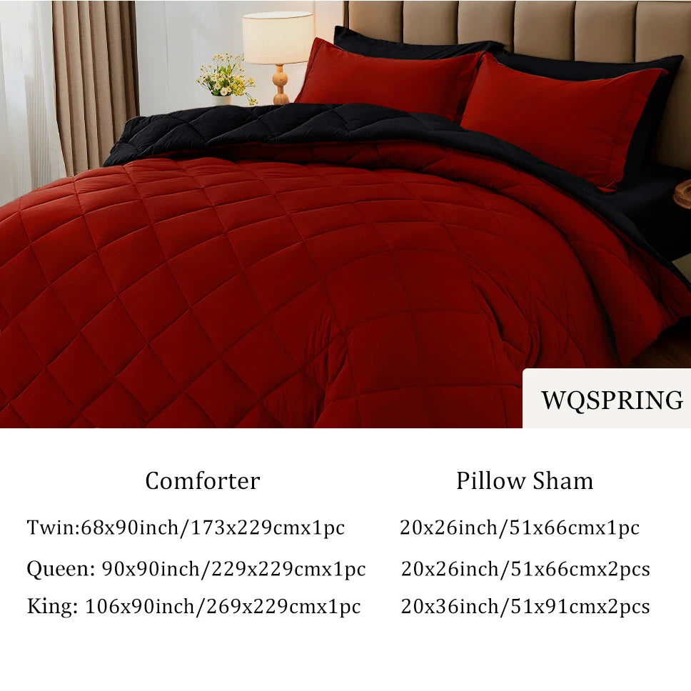 Reversible Comforter Set, All Season Bedding Set with Comforter, Pillow Shams, Red & Black,