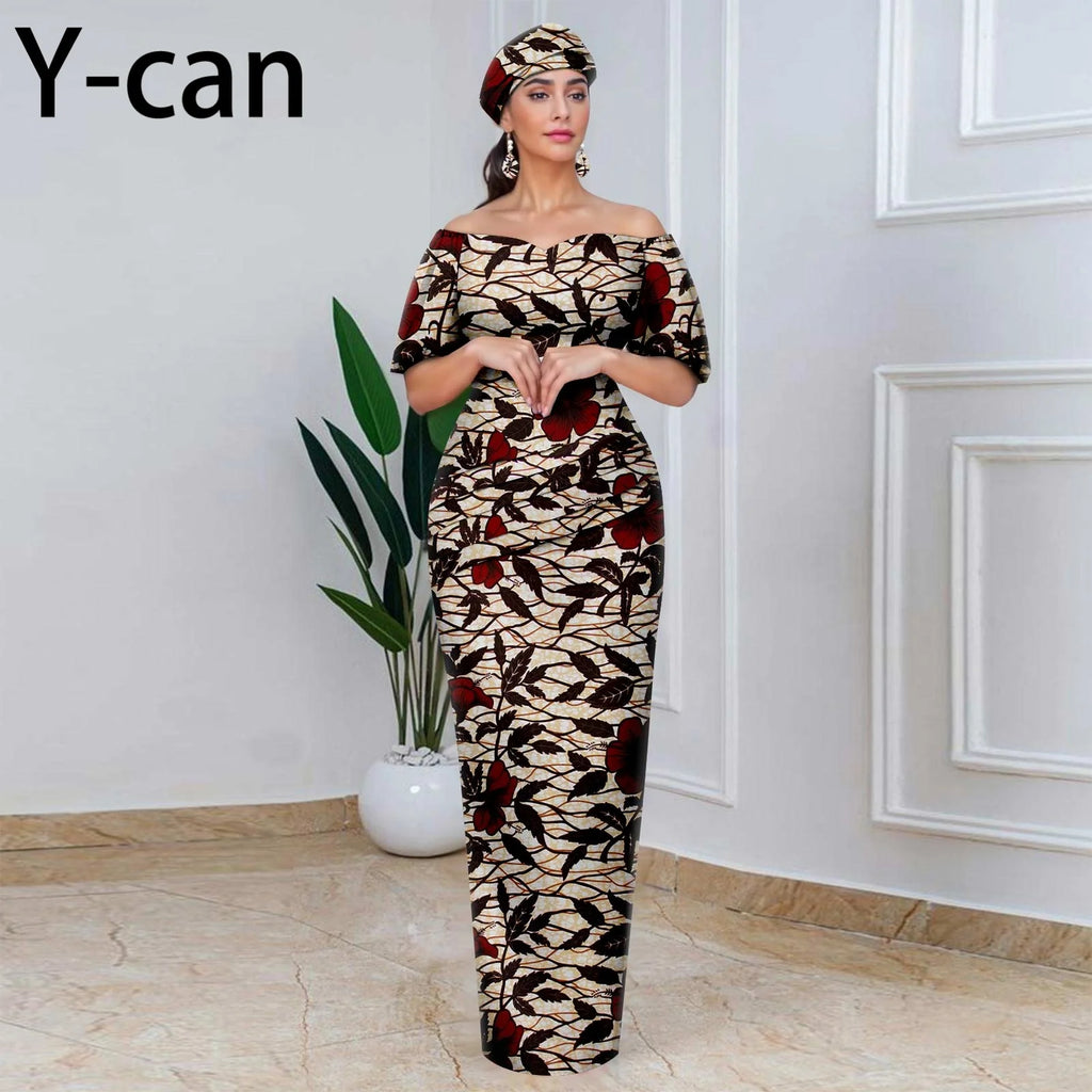 African Party Dresses for Women Off Shoulder Folds Women Maxi Dress with Headscarf and Earrings Traditional Wedding