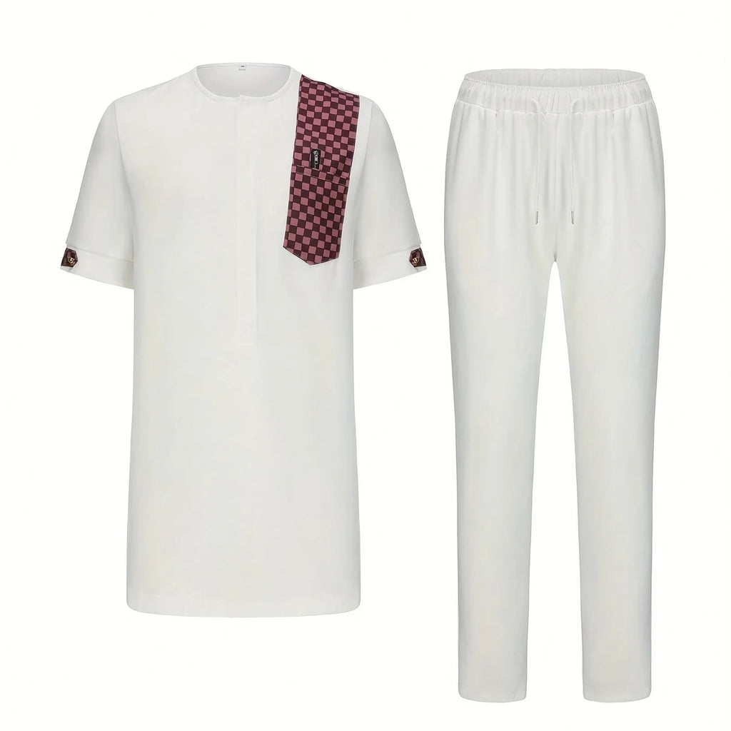 New 2Pc African Traditional O-Neck  Costume For Men Luxury Brand Clothing Full Pant Sets
