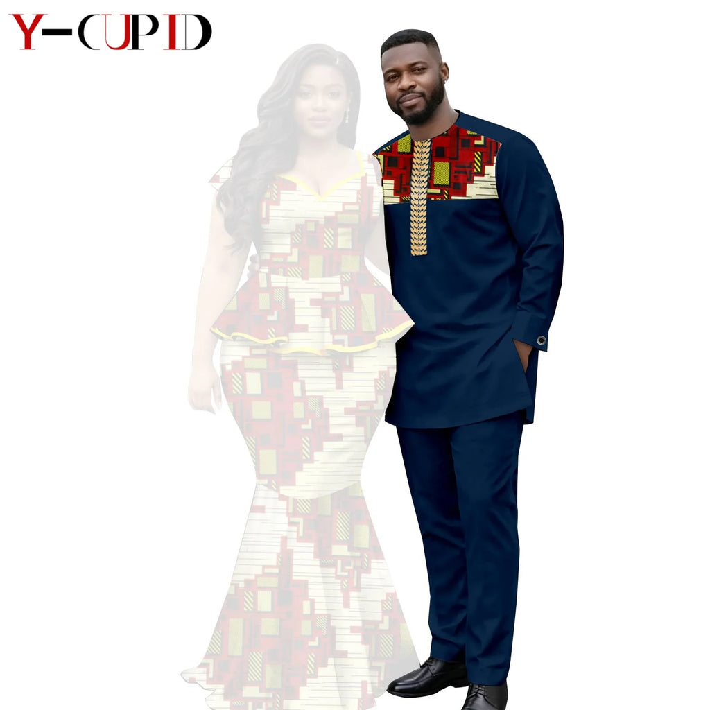 African  Women Print Top and Mermaid Skirts Sets Matching Men Outfits Top Shirt and Pant Sets