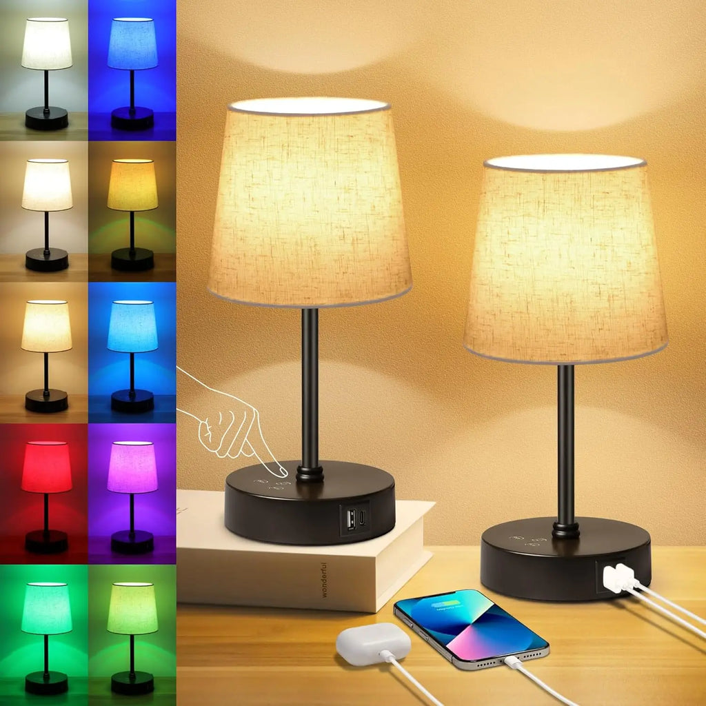 Set of 2 RGB Color Changing Nightstand Lamps, Dimmable with USB C+A Ports, Touch Control for Bedroom Living Room