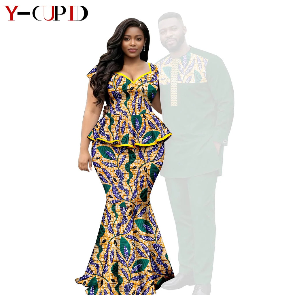 African  Women Print Top and Mermaid Skirts Sets Matching Men Outfits Top Shirt and Pant Sets