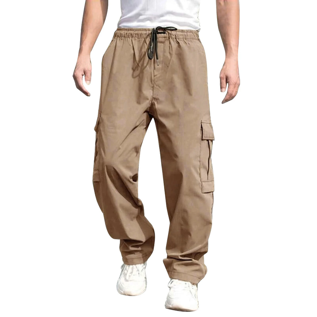 Men s Loose Cargo Long Pants Drawstring Waist Straight Leg Trousers  with Pockets