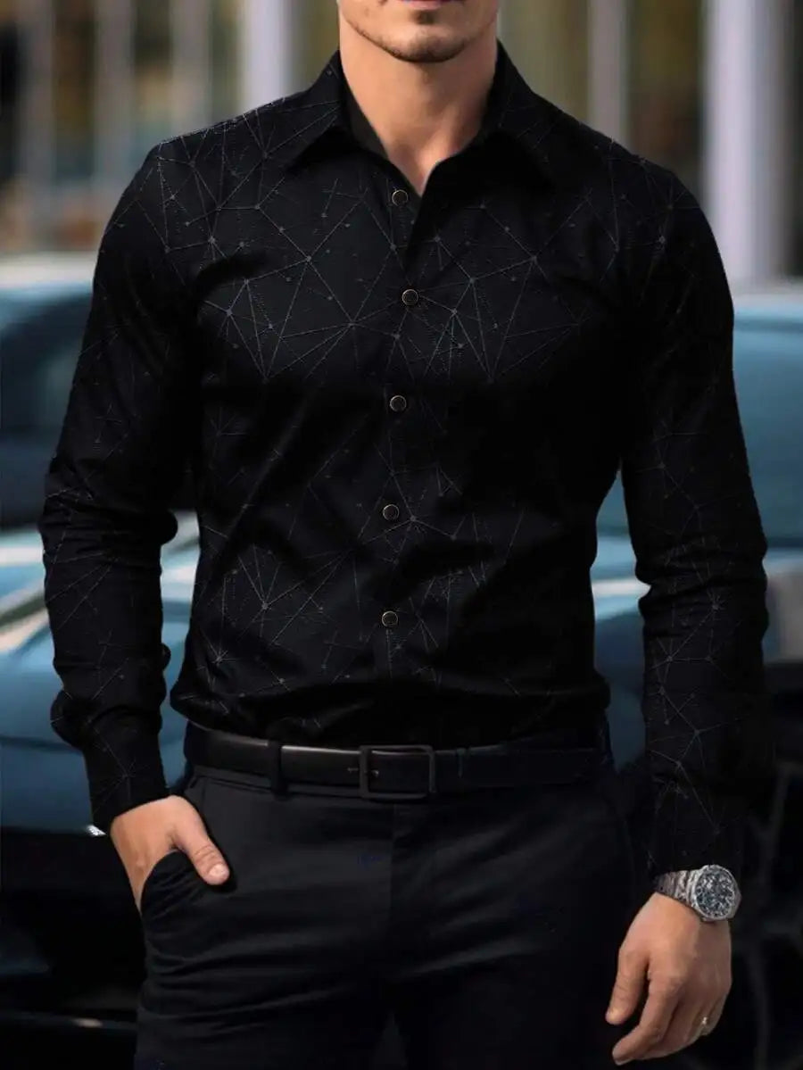 Men's Long Sleeve Dress Shirt with Geometric Pattern, Polyester, Golden Buttons