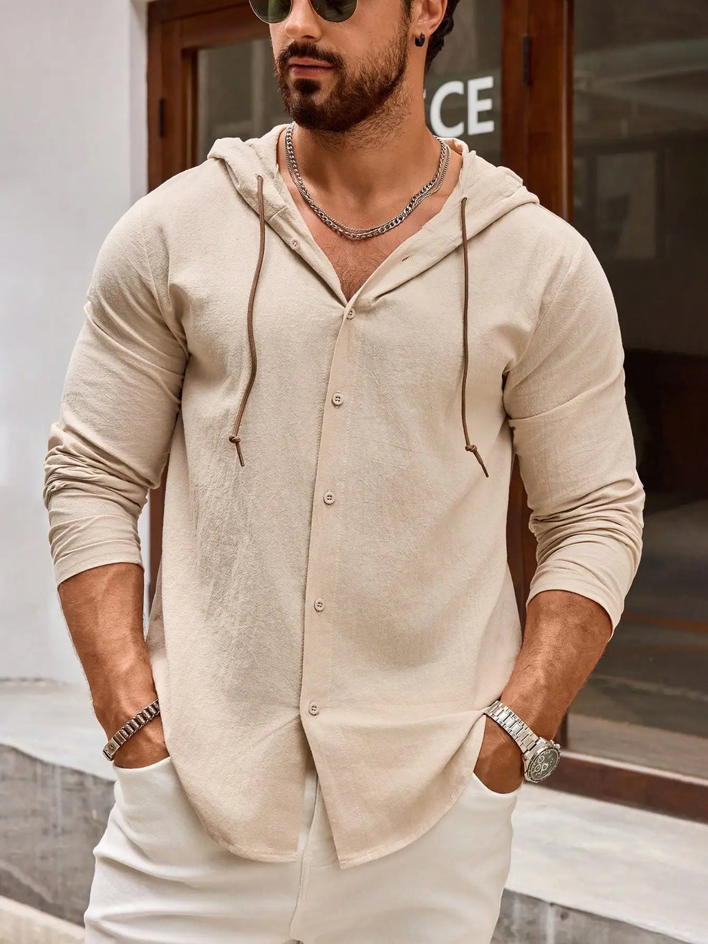 Men's Cotton Hooded Button-Up Shirt Long Sleeve Casual Lightweight Breathable Top