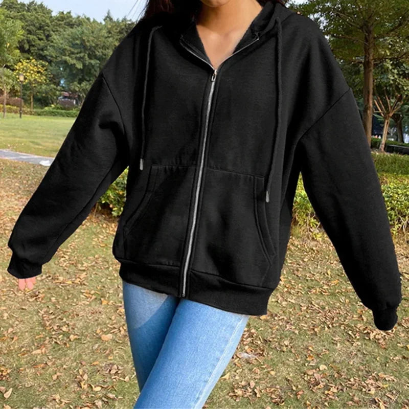 Fleece  Color Hooded  Fashion Sweatshirts Long Sleeve Top Drawstring Pockets Loose Zipper  Hoodies