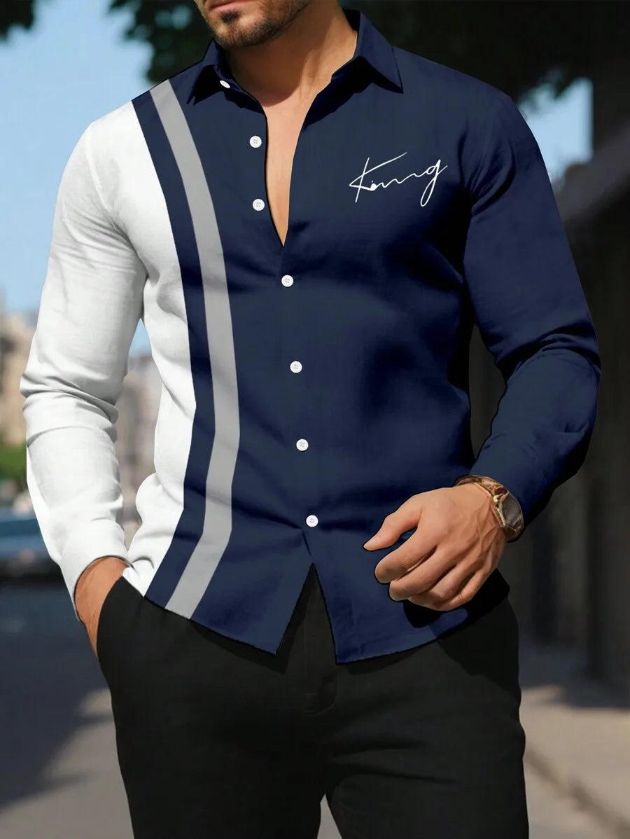 Men's Casual Color Block Button-Down Long Sleeve Shirt with Script Print,