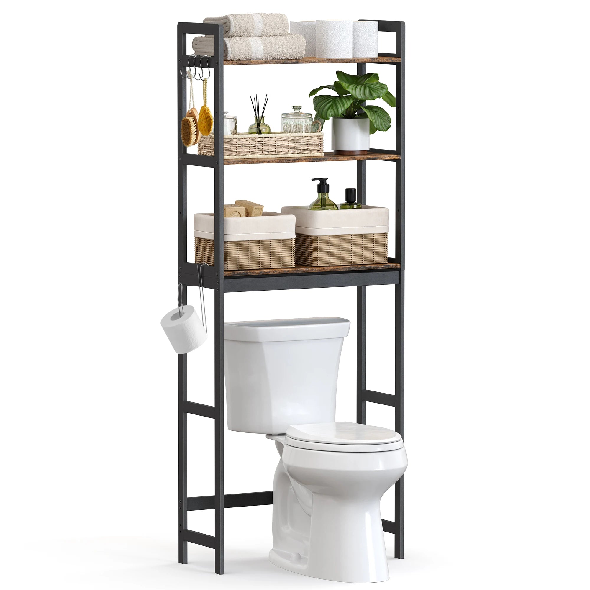 Over-The-Toilet Storage, 3-Tier Bathroom Organizer Adjustable Shelves, Hooks, Bamboo