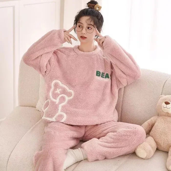 Warm Sleepwear for Winter thickened  Long Sleeve Ladies Loungewear Set pajamas