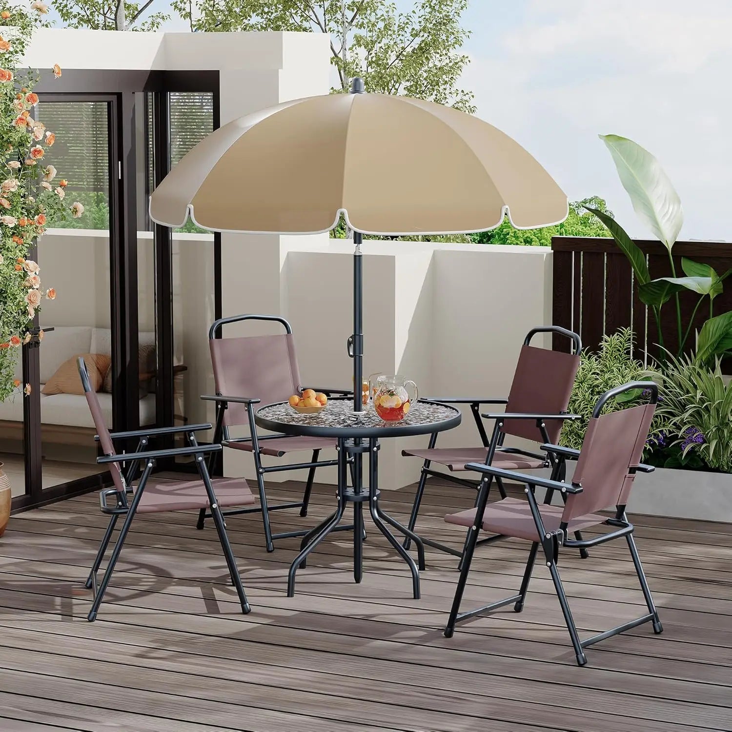 6 Piece Patio Dining  with Umbrella, Outdoor Table and Chairs