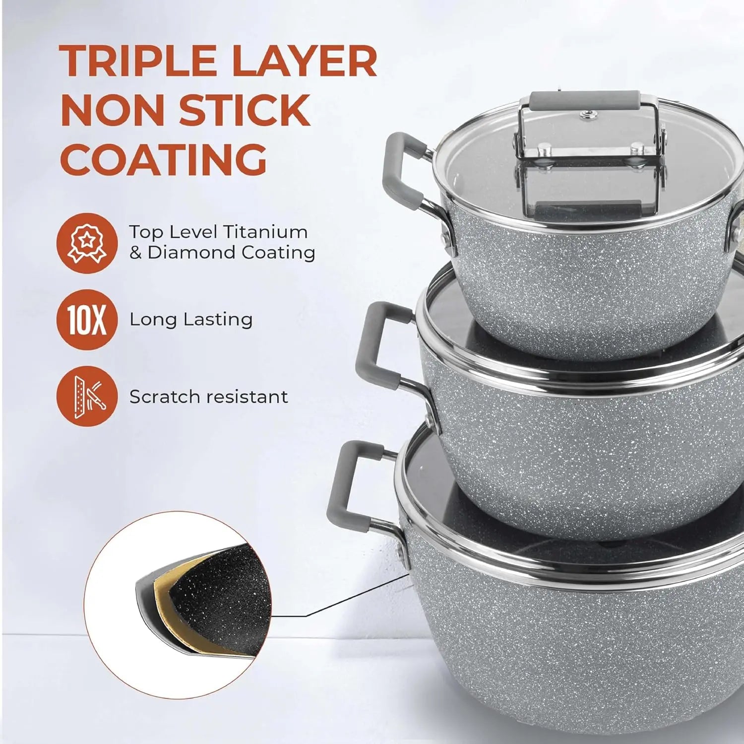 Gray Nonstick Pots and Pans Set, 6-Piece Stackable Cookware with Lids, Dishwasher Safe and Toxin Free