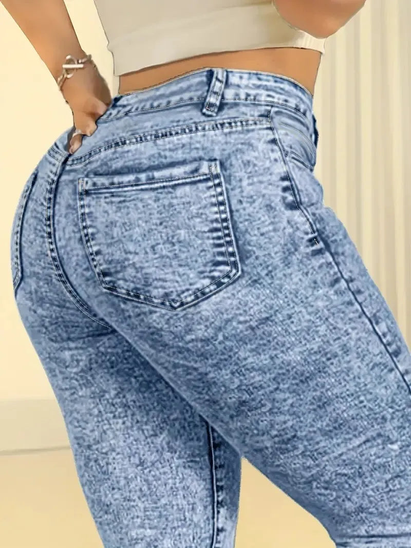 Women's casual high waist elastic slim butt lift tight feet fashionable snowflake  jeans