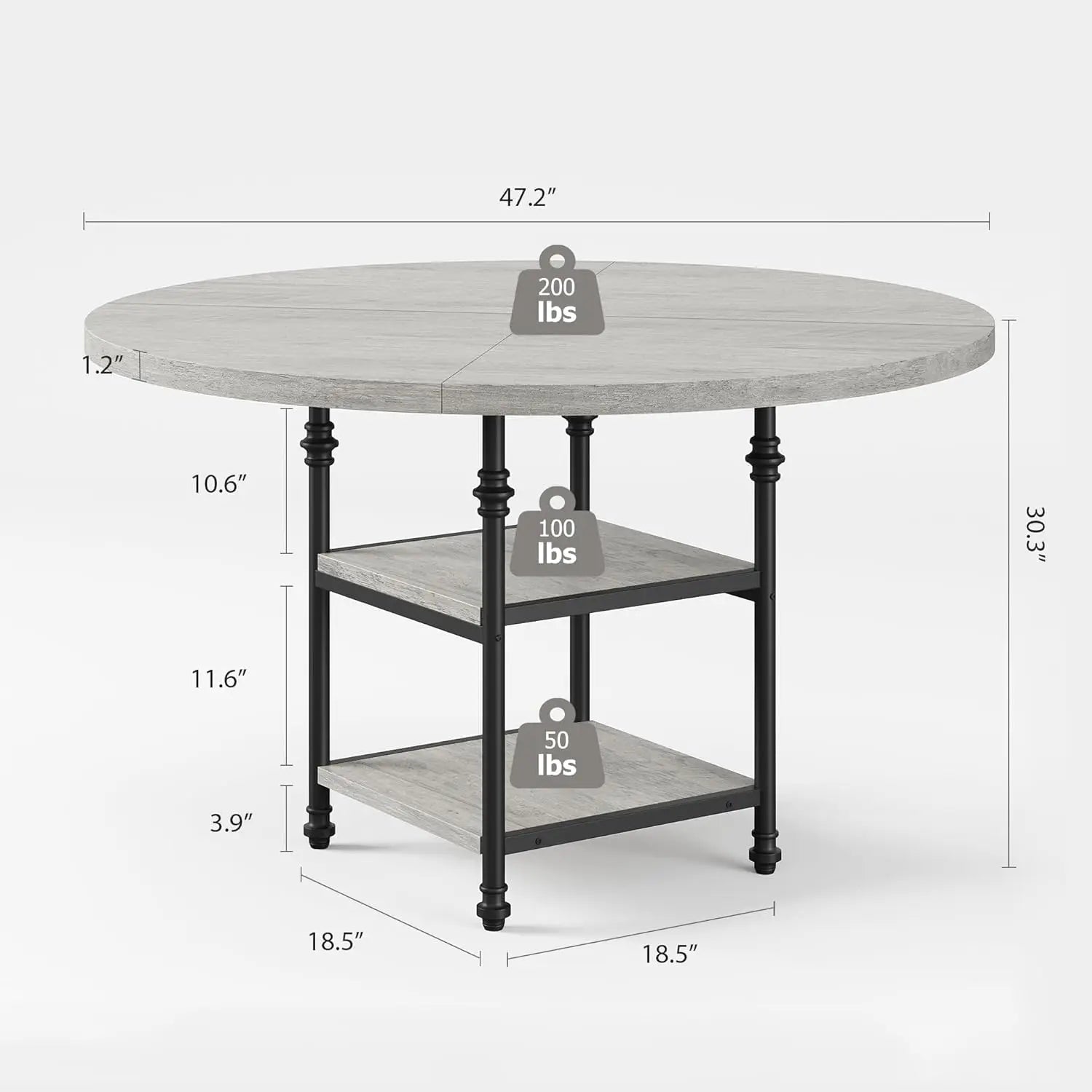 Round Dining Table for 6 with Storage Shelves  Metal Legs, For Kitchen, Dining