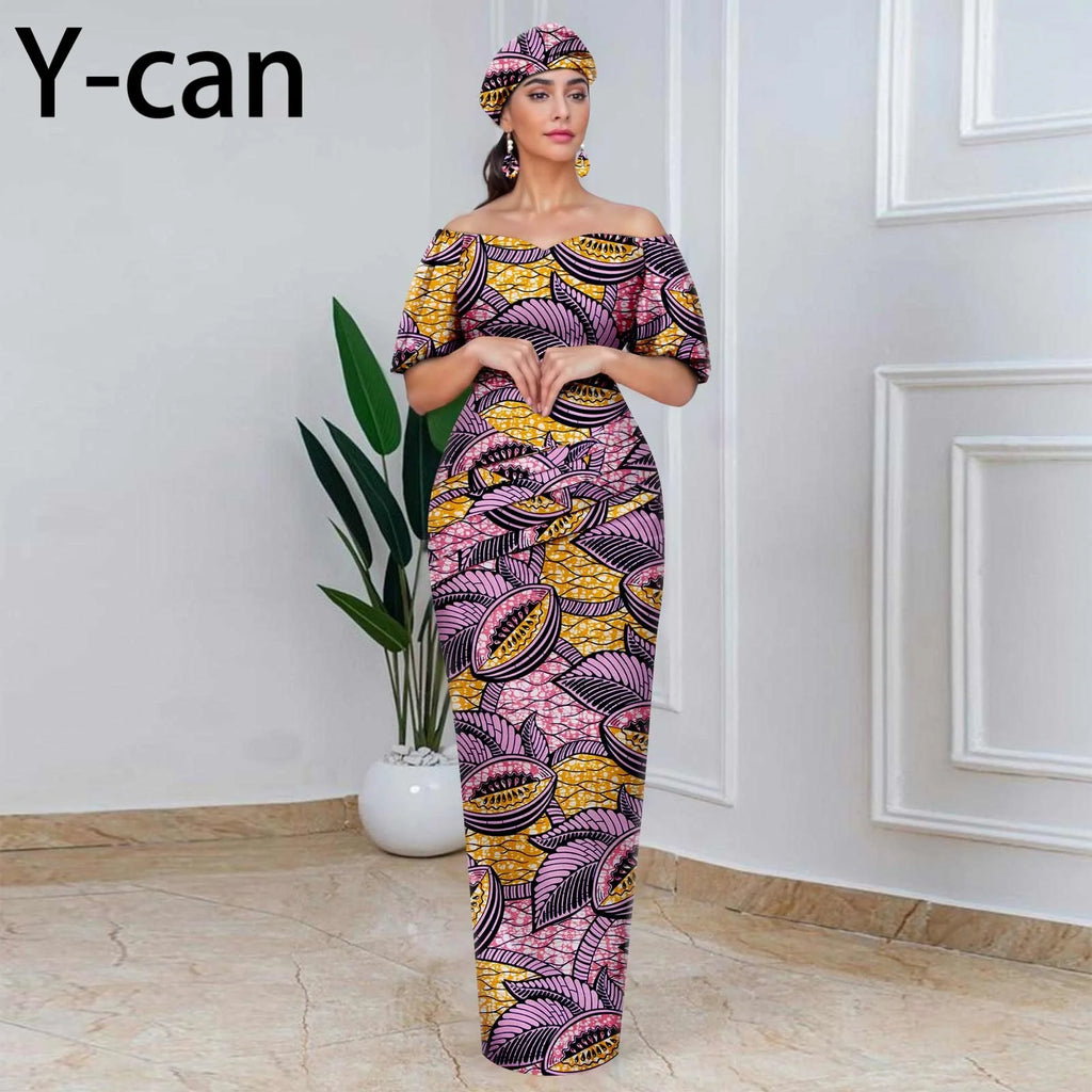 African Party Dresses for Women Off Shoulder Folds Women Maxi Dress with Headscarf and Earrings Traditional Wedding