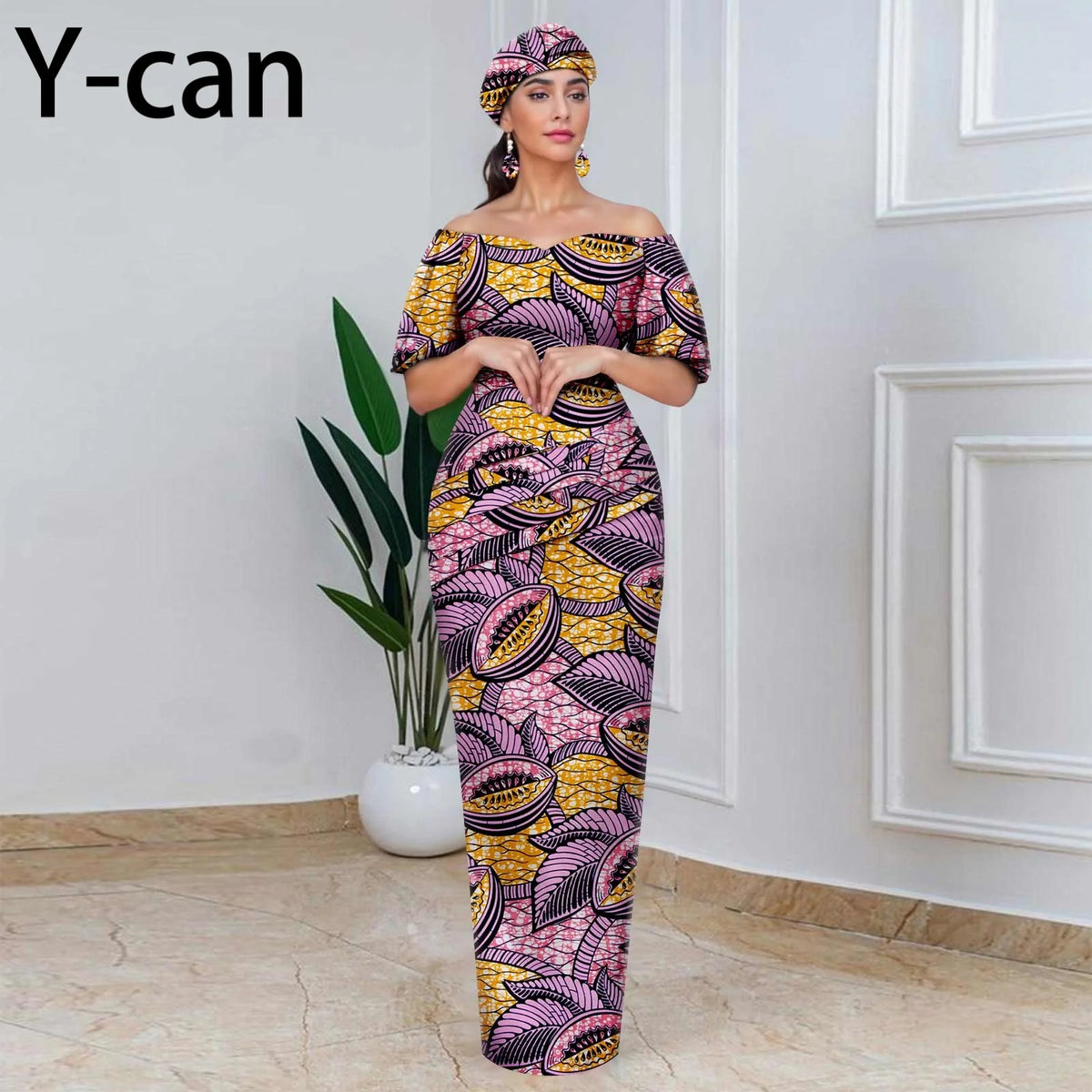African Party Dresses for Women Off Shoulder Folds Women Maxi Dress with Headscarf and Earrings Traditional Wedding