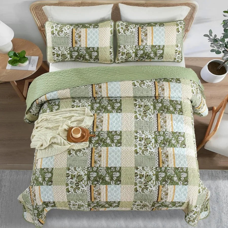 Quilt Set Queen Size Green 3 Pieces  Bedspread Coverlet  Floral Soft Microfiber Bedding Set for All Se