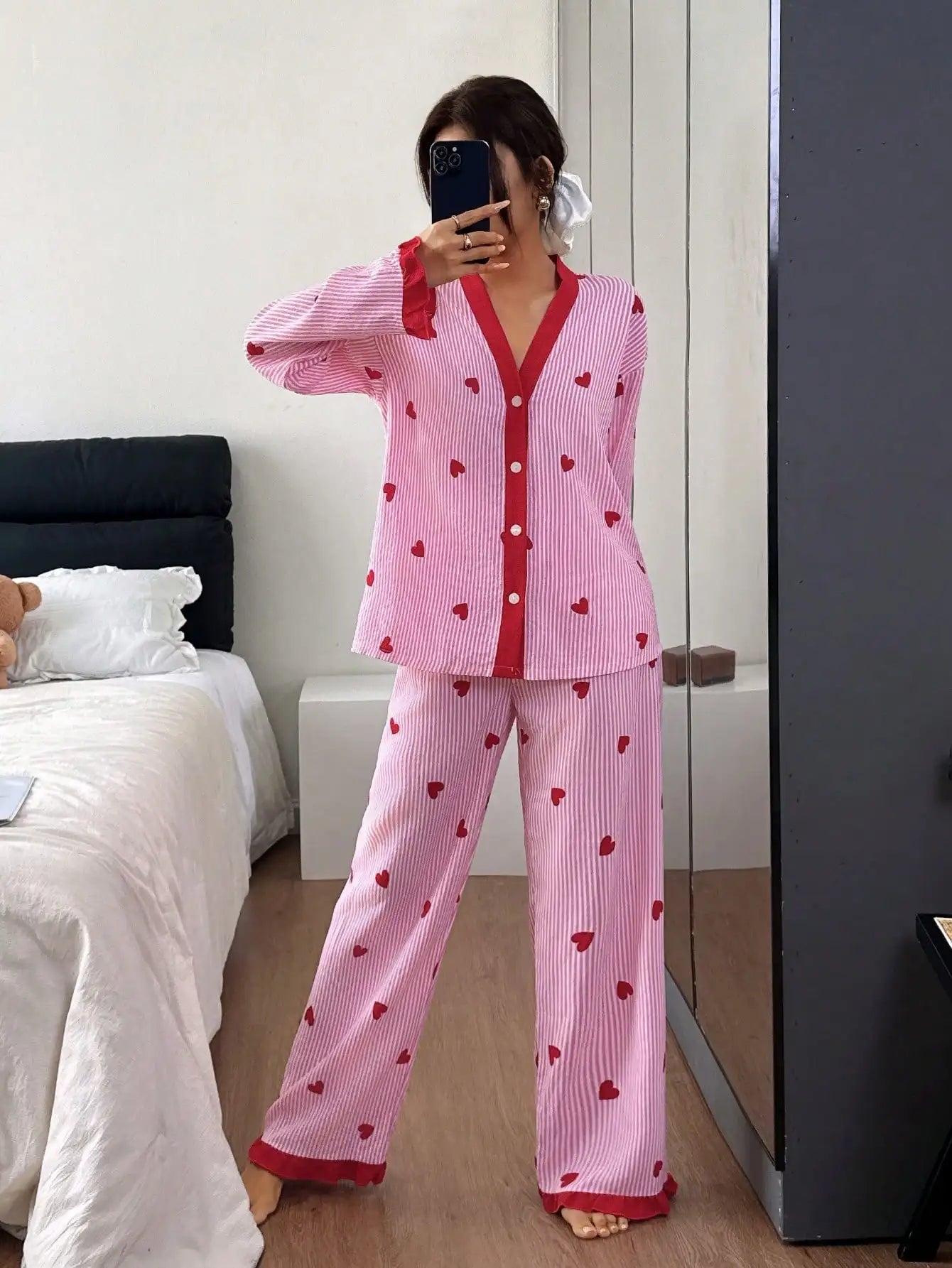 Women's Pink Striped Heart Print Pajama Set with Red Trim, Cozy Lounge Wear
