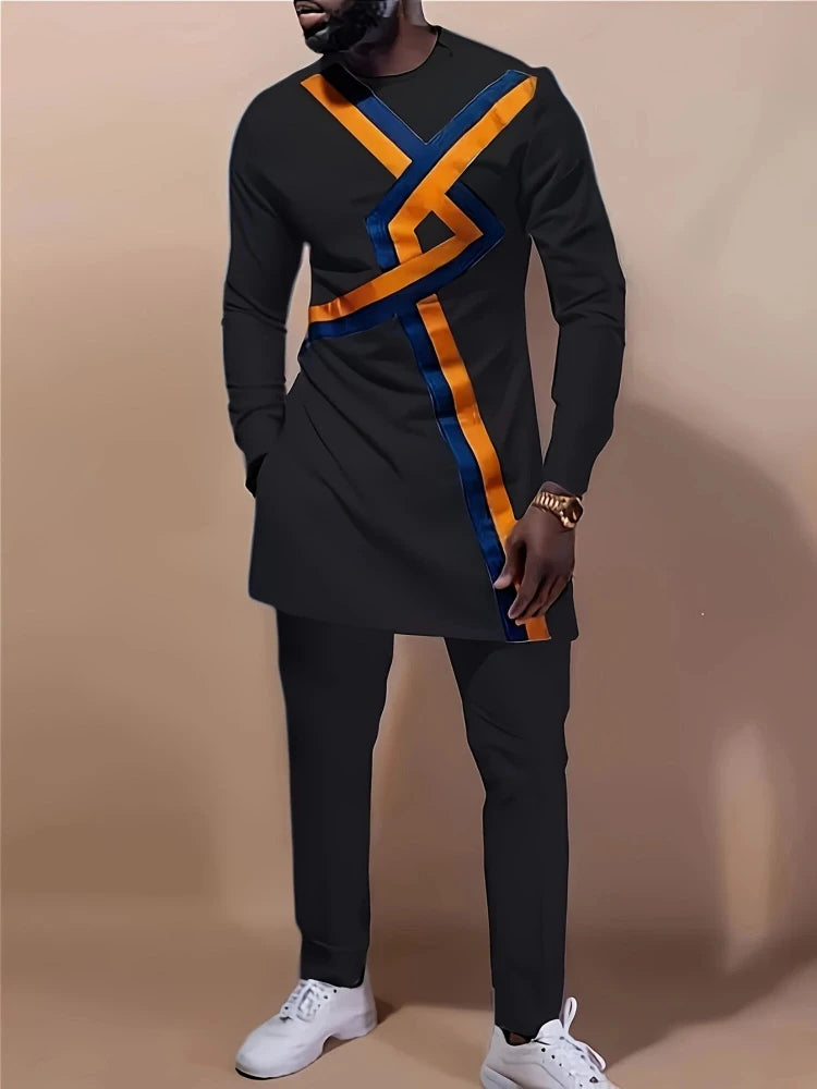 Men's Casual Long-Sleeved Two-Piece Set: Mid-Length Top and Trousers