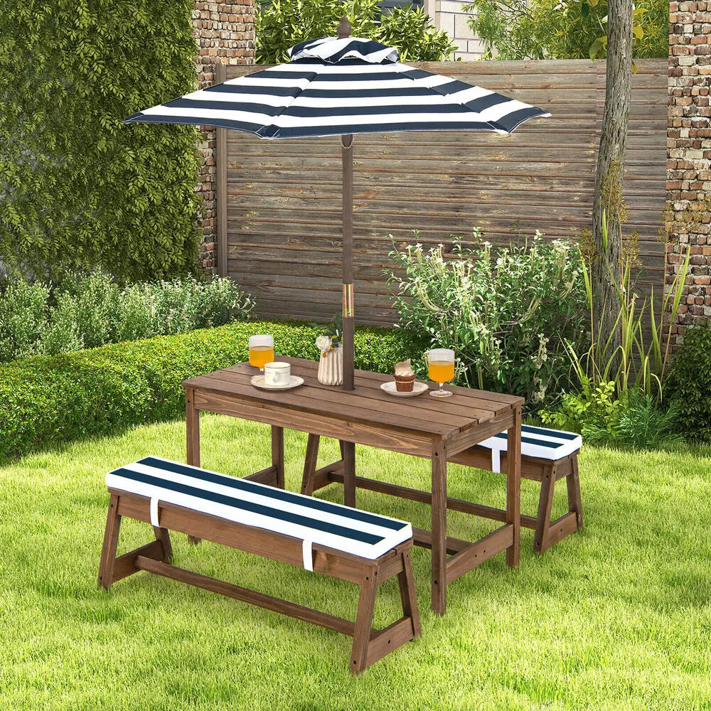 Kids Wood Picnic Table and Bench Set w/Cushions Umbrella for Indoor Outdoor