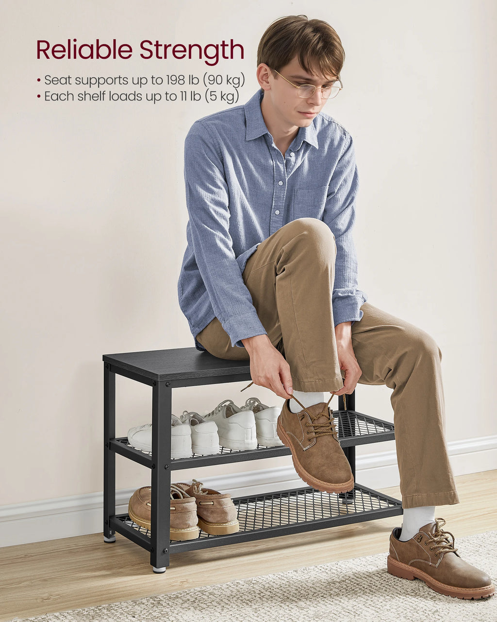 3-Tier Shoe Rack, Shelf Storage Bench with Metal Mesh Shelves and Seat, Free Standing Shoe Organizer